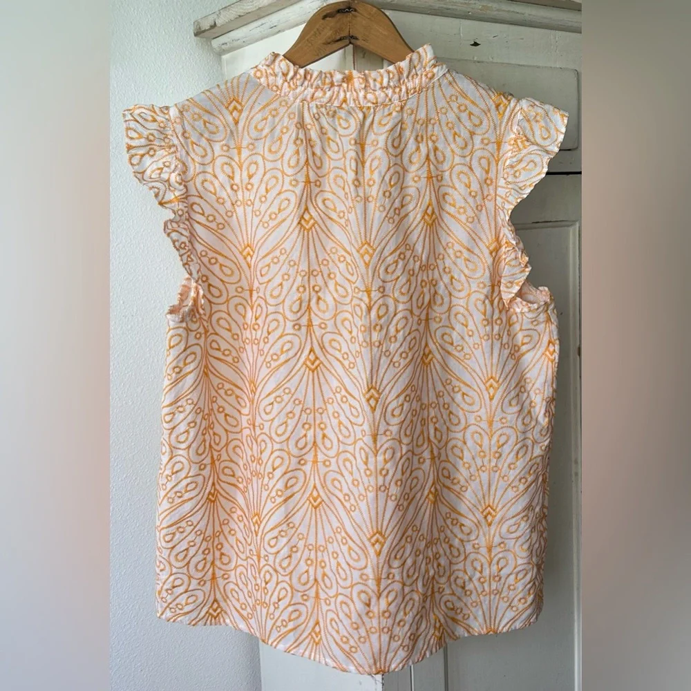 Ann Taylor LOFT | Womens White/Orange Ruffle Collar/Cap Sleeve Embroidered Top M - Picture 6 of 16